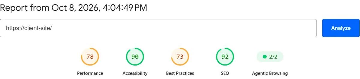 PageSpeed Insights desktop report for the client homepage on 8 October 2026: performance 78, accessibility 90, best practices 73, SEO 92 (address redacted)