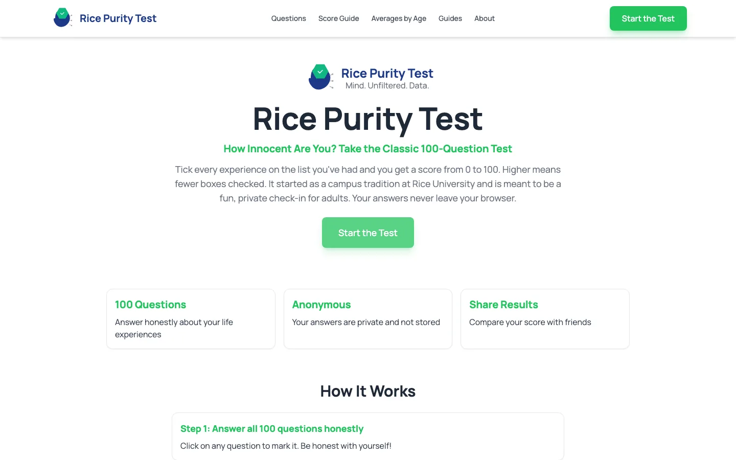 The Rice Purity Test home page: a short explanation, a start button and three feature notes
