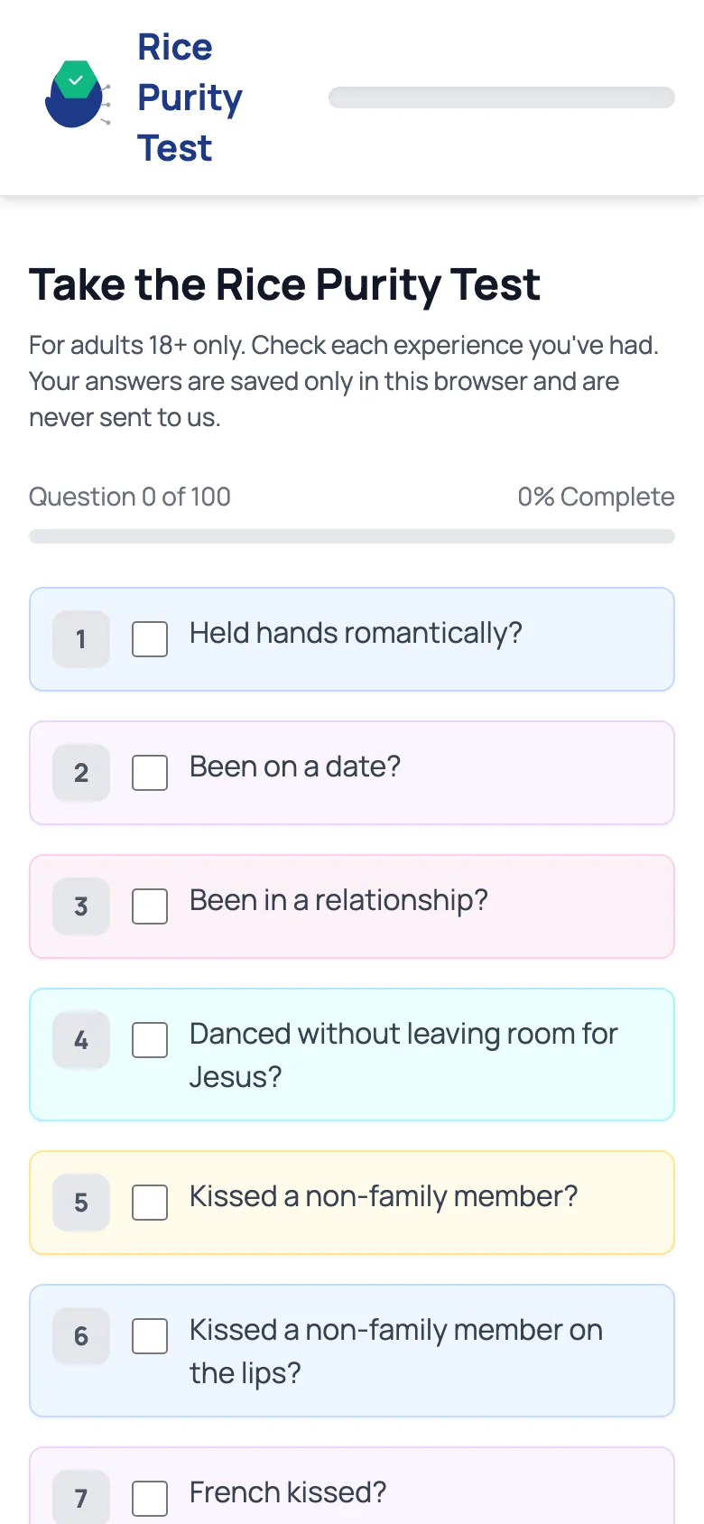 The Rice Purity Test on a phone, with the question list and progress