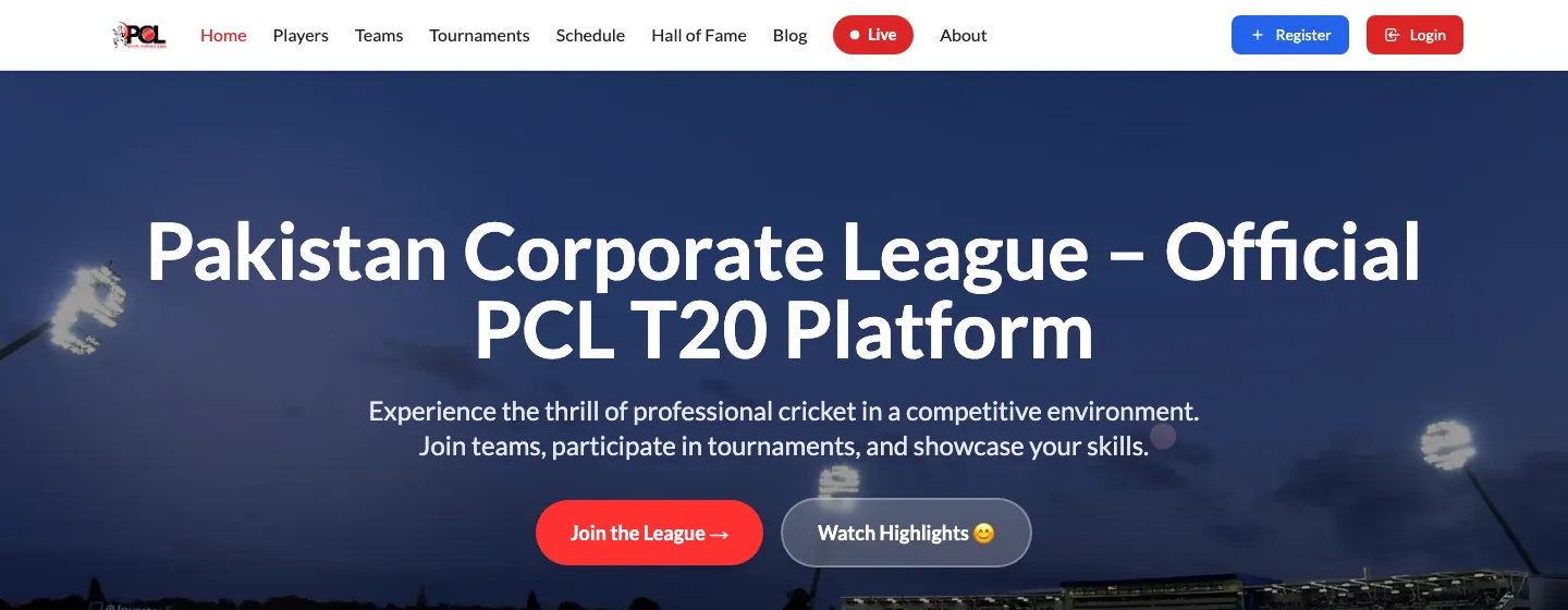 The Real PCL home page: the Pakistan Corporate League's T20 platform, with Join the League and Watch Highlights buttons