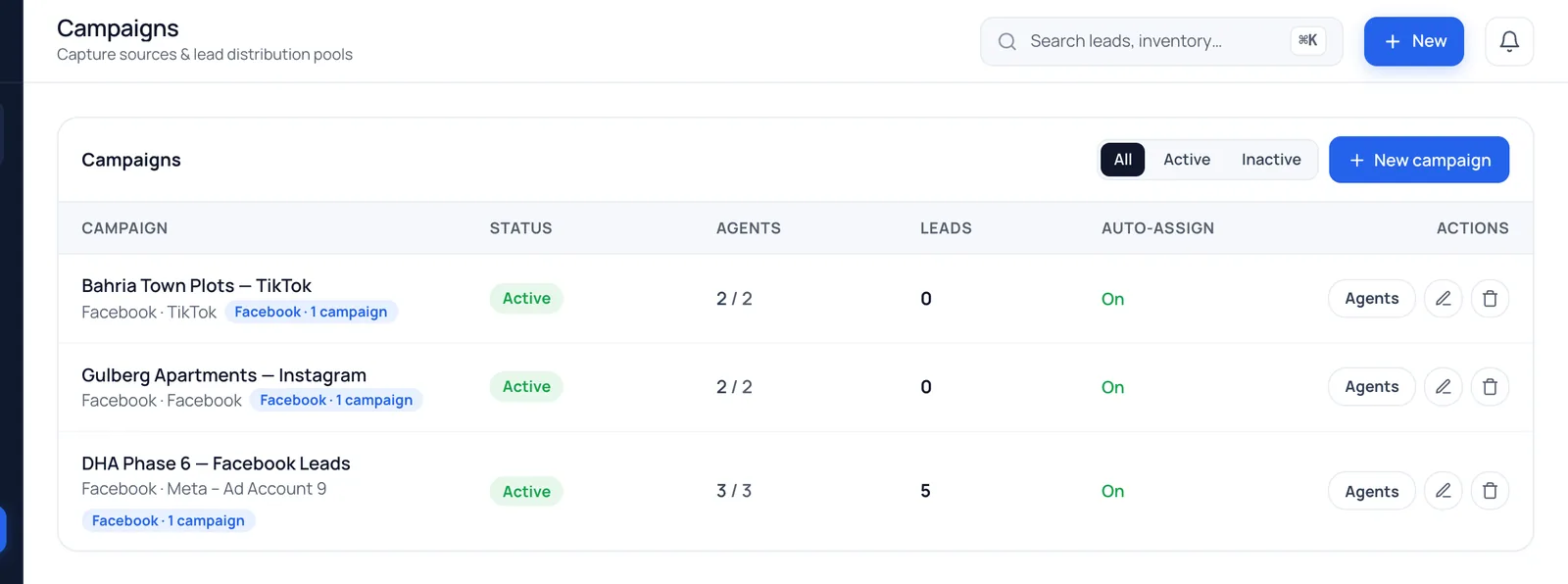 Project campaigns with their own agent rotations in BrokLeads (demo data)