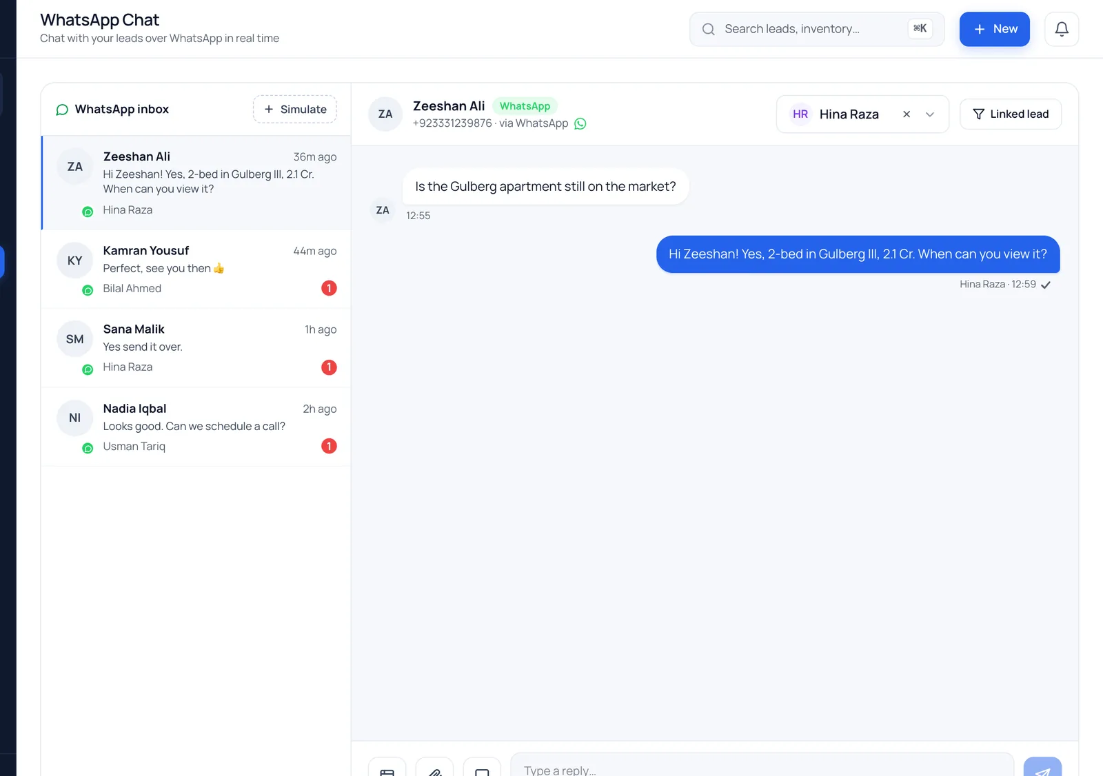The BrokLeads WhatsApp team inbox with a customer conversation open (demo data)