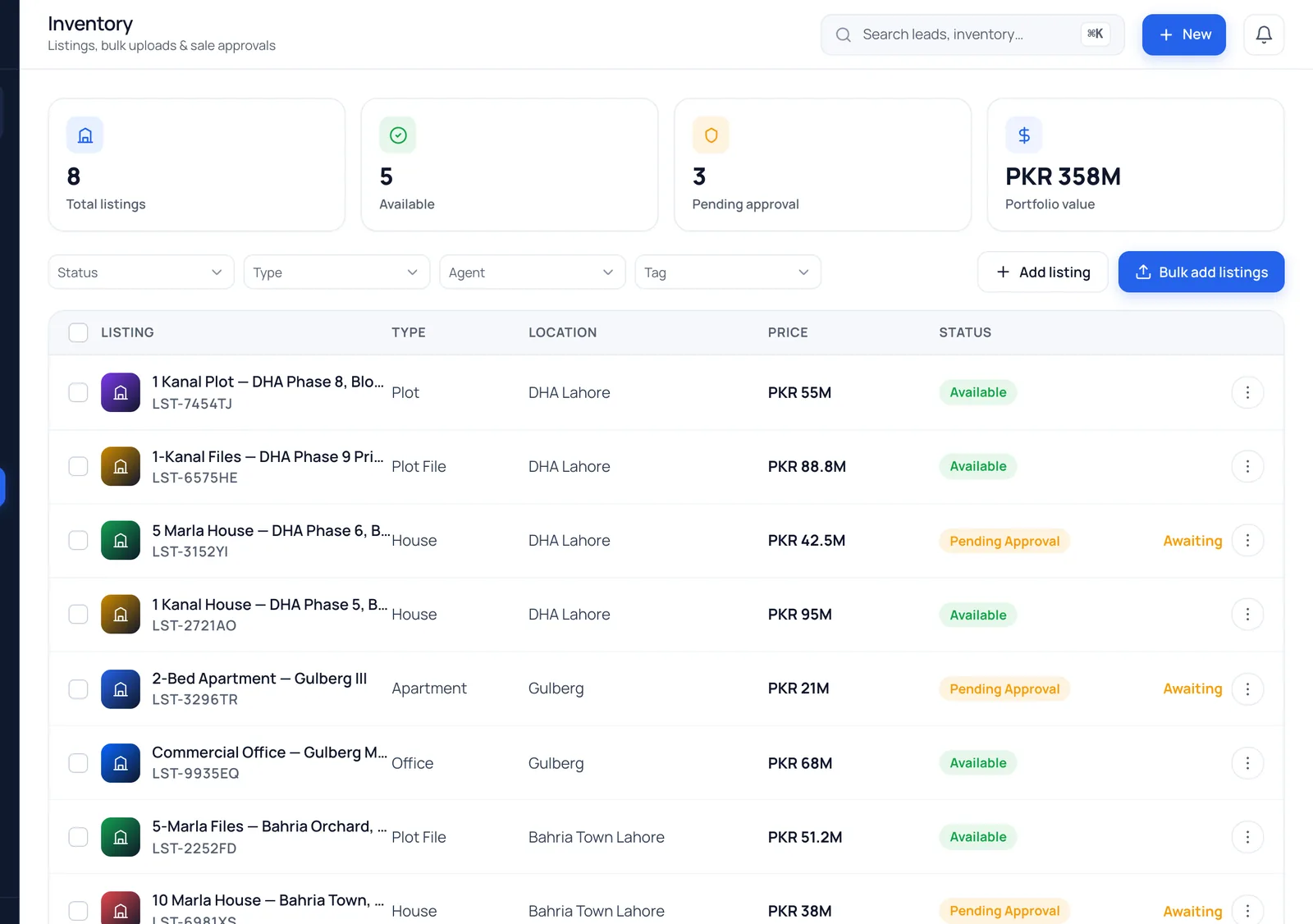 The BrokLeads property inventory, listing plots and houses by society (demo data)